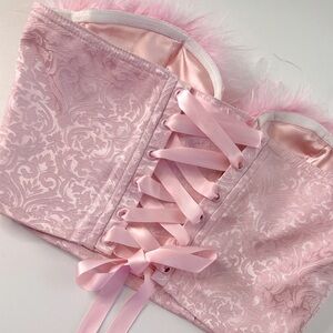 Sugar Thrillz Pink Fur Lace up Corset & Skirt Set NWT